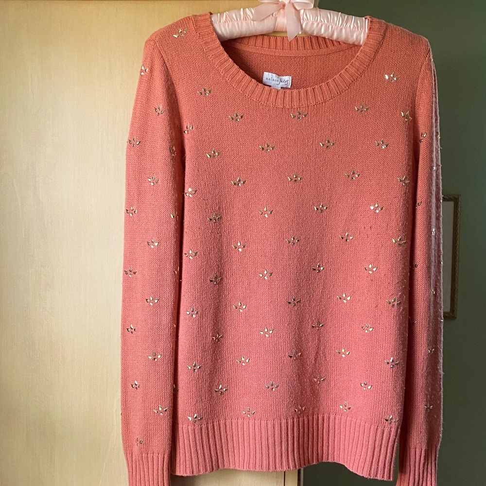 Maison Jules burnt orange crew neck sweater w/ embellishments. Size S